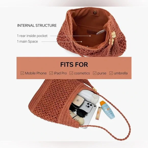 Straw Packable Large Mesh Beach Bag The Tote Hobo Bag Crossbody Purses - Picture 3 of 4